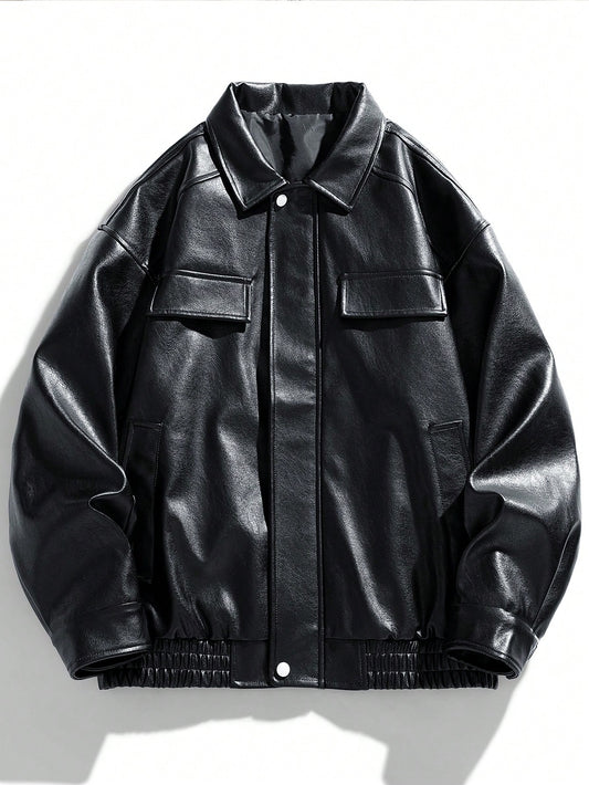 Men Flap Detail Zip Up PU Leather Jacket