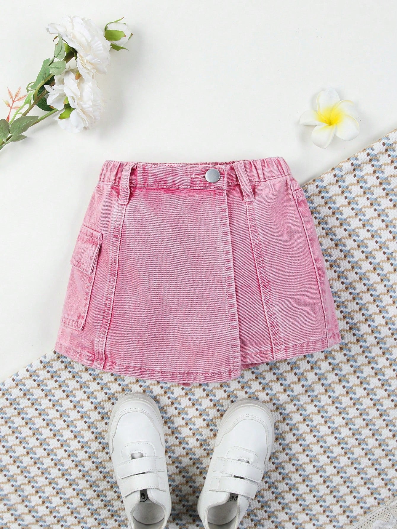 Young Girl Cute Casual Pink Washed Denim Skirt Shorts