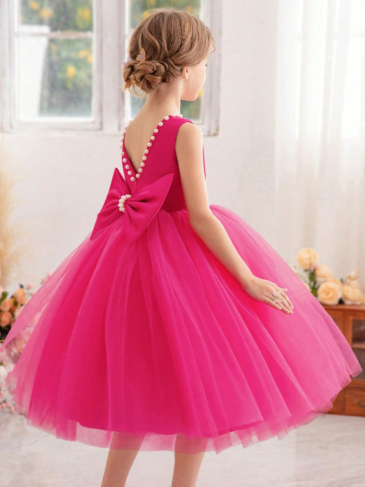 Young Girl Pearl Decor Bowknot Back Mesh Princess Dress, Suitable For Birthday, Party, Dance, Festival, Celebration, Wedding Flower Girl, Stage Show Performance