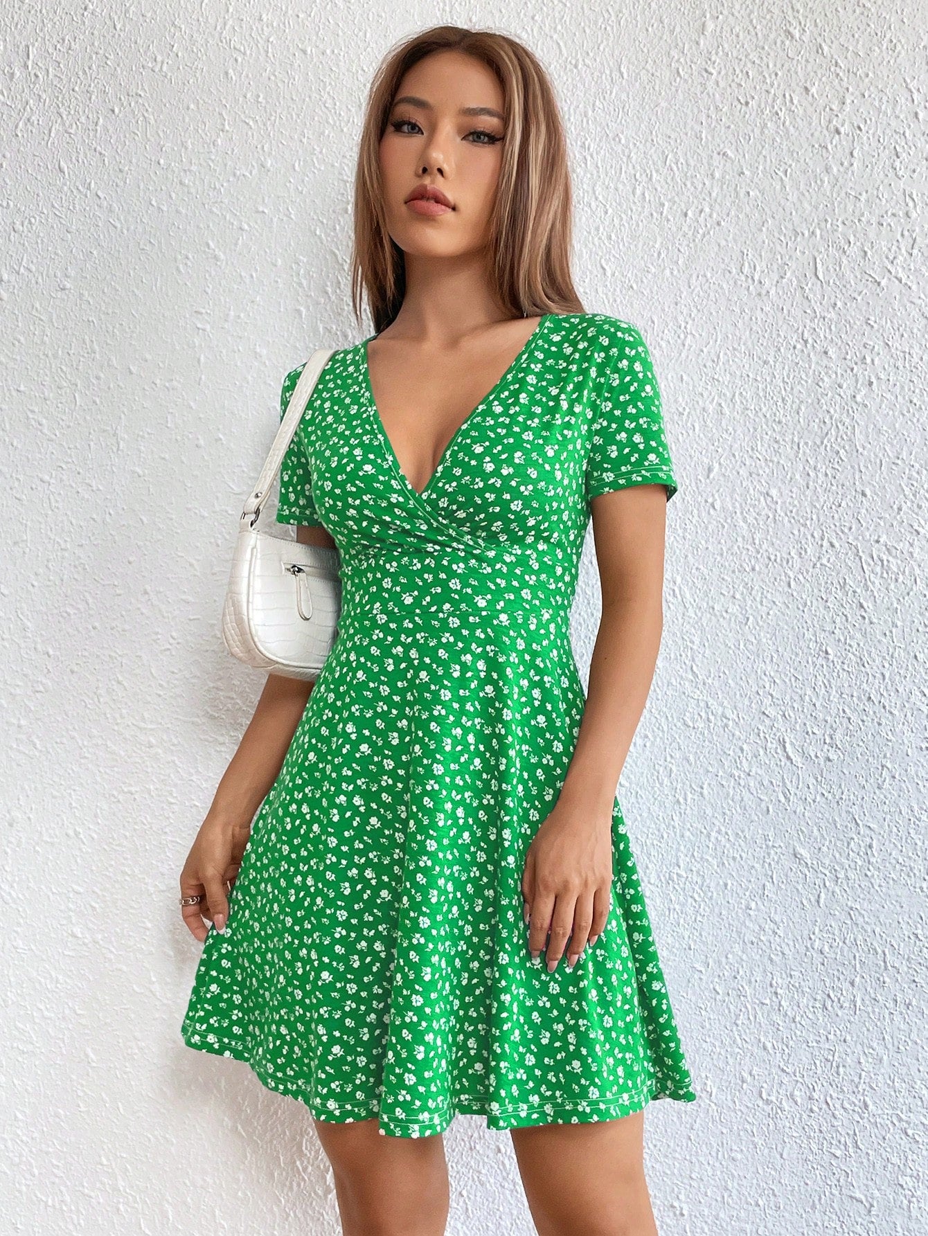 Women Spring/Summer Elegant Wrap Heart Polka Dot Print V-Neck Short Sleeve Dress