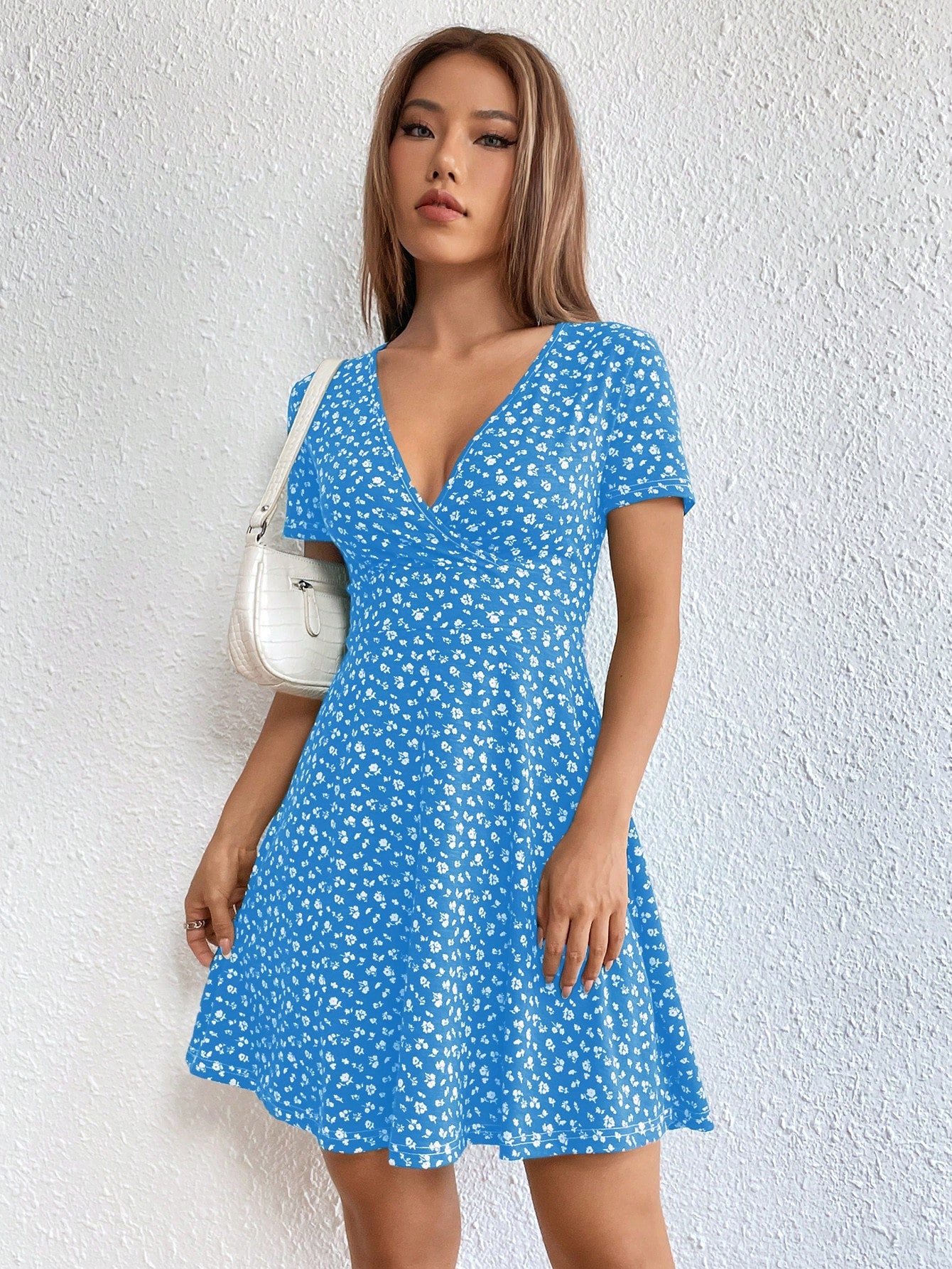 Women Spring/Summer Elegant Wrap Heart Polka Dot Print V-Neck Short Sleeve Dress