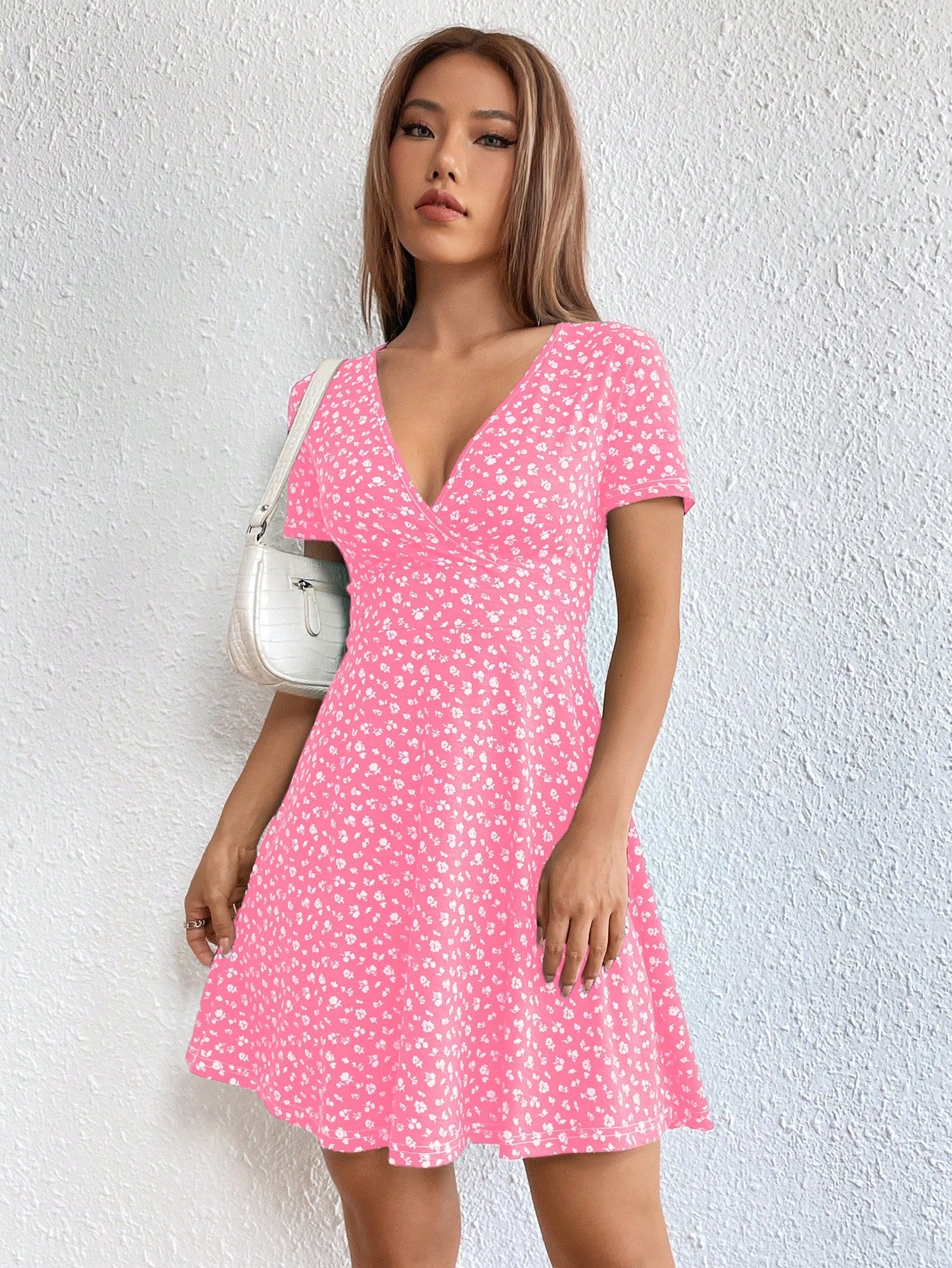 Women Spring/Summer Elegant Wrap Heart Polka Dot Print V-Neck Short Sleeve Dress