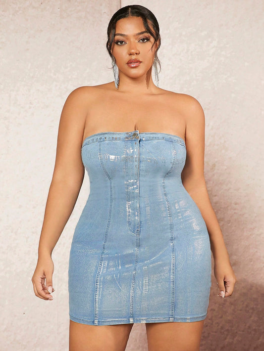 Metallic Sexy High Elastic Plus Size Denim Tube Top Mini Dress&Festival Outfits&Music Festival