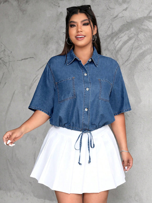 Plus Size Women's Blue Denim Casual Shirt With Drawstring, Half-Sleeve