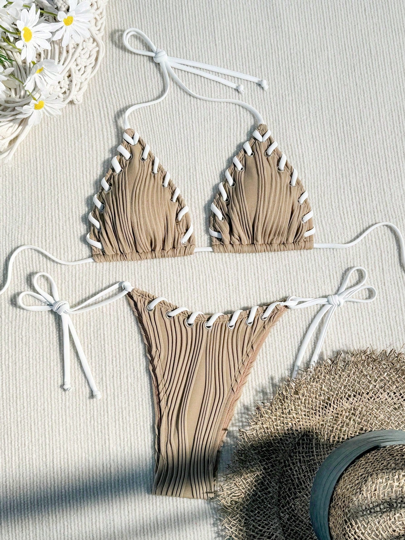 Swim Summer Beach Women's Halter Neck Cutout Design Bikini Set With Eyelets Decoration