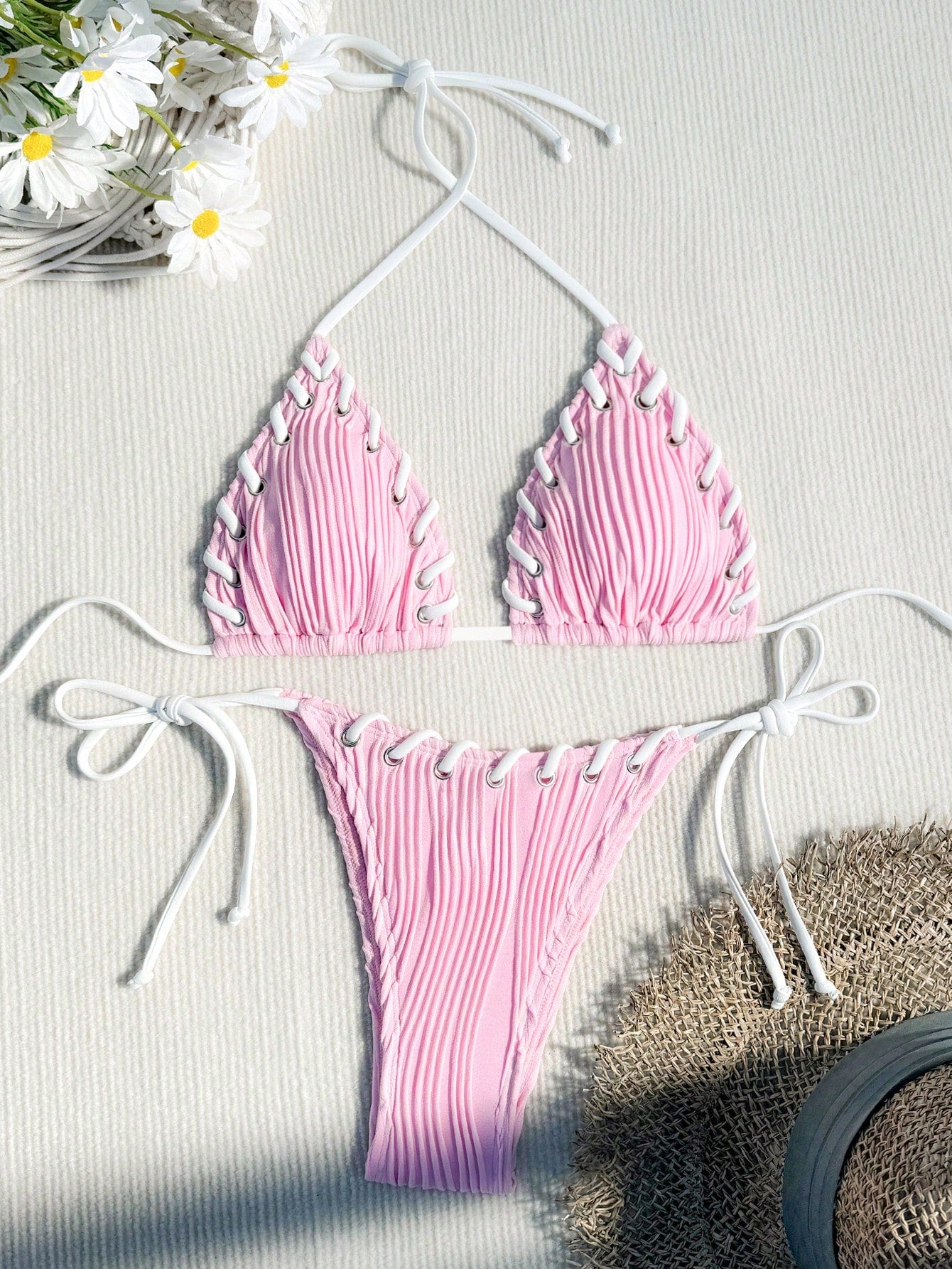 Swim Summer Beach Women's Halter Neck Cutout Design Bikini Set With Eyelets Decoration