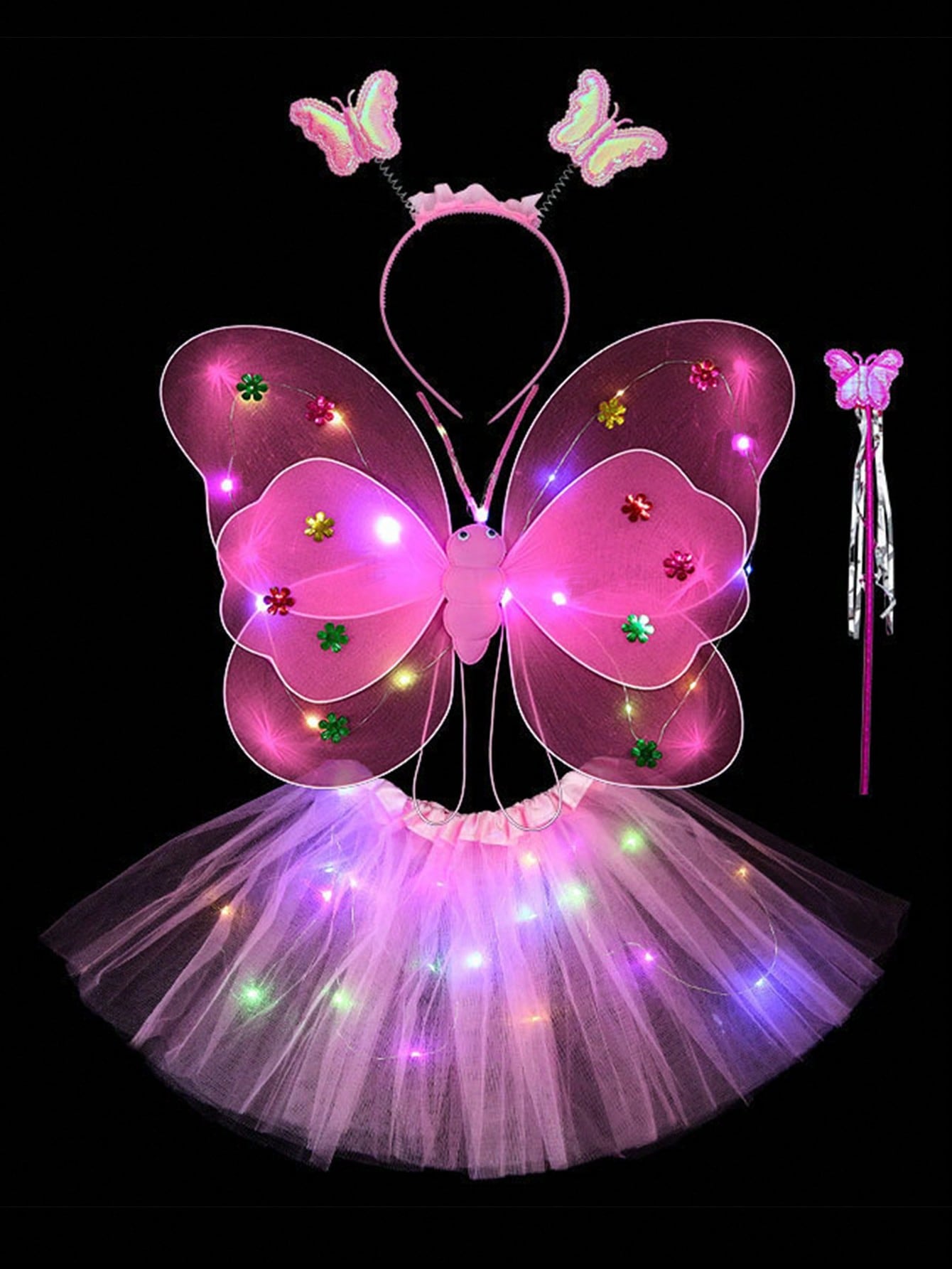 4PCS/Set Pink Glowing Butterfly Wings, Little Girl Back Decorated Children's Flash Toys, Wonderful Fairy Magic Stick Flower Fairy Set Of Four, Including Hairpins, Fairy Stick, Wings, Dress