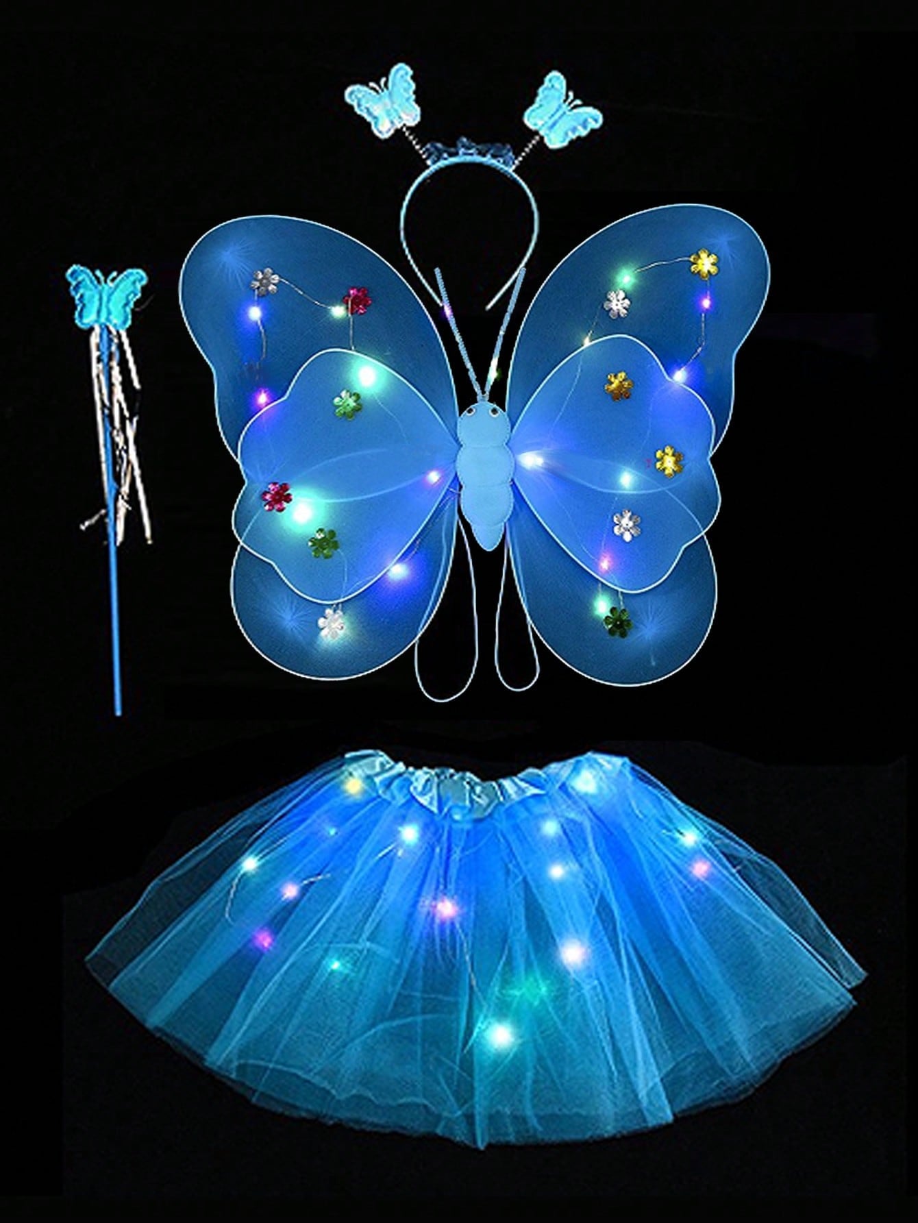 4PCS/Set Pink Glowing Butterfly Wings, Little Girl Back Decorated Children's Flash Toys, Wonderful Fairy Magic Stick Flower Fairy Set Of Four, Including Hairpins, Fairy Stick, Wings, Dress