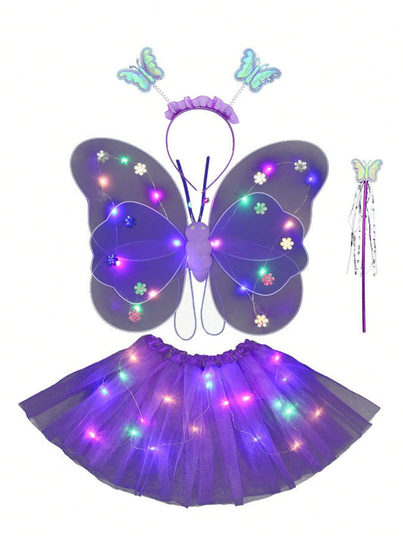 4PCS/Set Pink Glowing Butterfly Wings, Little Girl Back Decorated Children's Flash Toys, Wonderful Fairy Magic Stick Flower Fairy Set Of Four, Including Hairpins, Fairy Stick, Wings, Dress