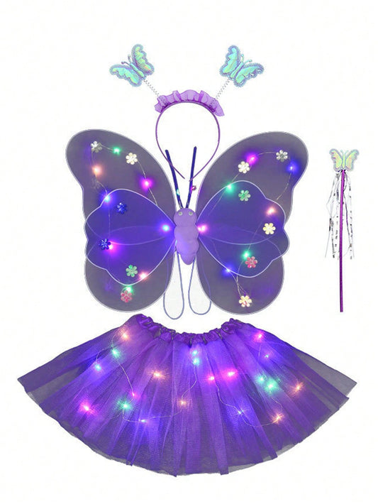 4PCS/Set Purple Glowing Butterfly Wings, Little Girl Back Decorated Children's Flash Toys, Wonderful Fairy Magic Stick Flower Fairy Set Of Four, Including Hairpins, Fairy Stick, Wings, Dress