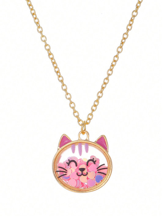 1pc Cartoon Cute Cat Shaped Glitter Detail Friendship Necklace For Girls