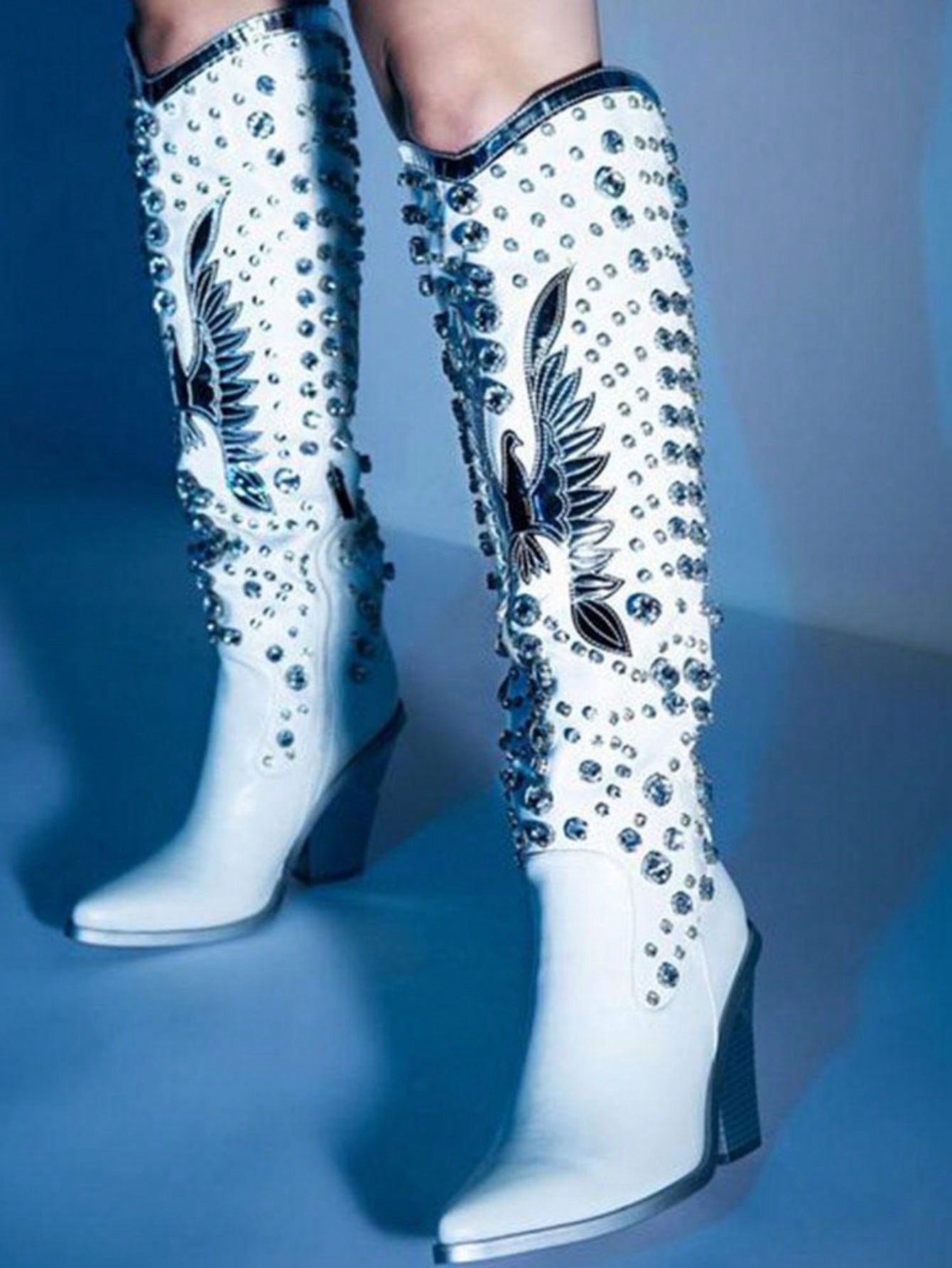 A Pair Rhinestone Cowboy Boots For Women Eagle Parttern Cowgirl Boots Chunky Heel Knee High Western Long Boots