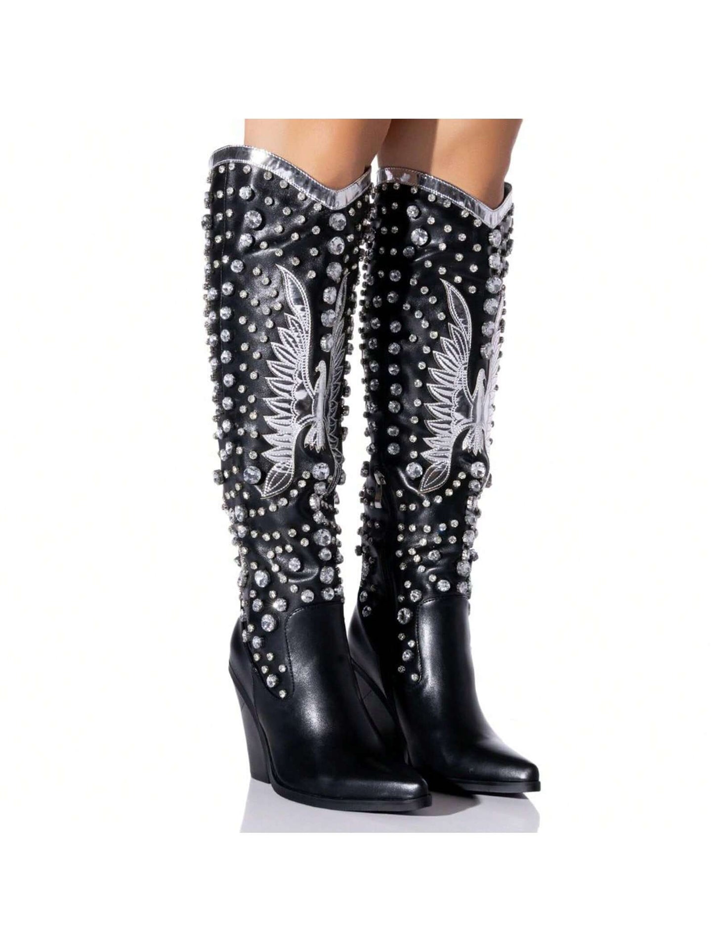 A Pair Rhinestone Cowboy Boots For Women Eagle Parttern Cowgirl Boots Chunky Heel Knee High Western Long Boots