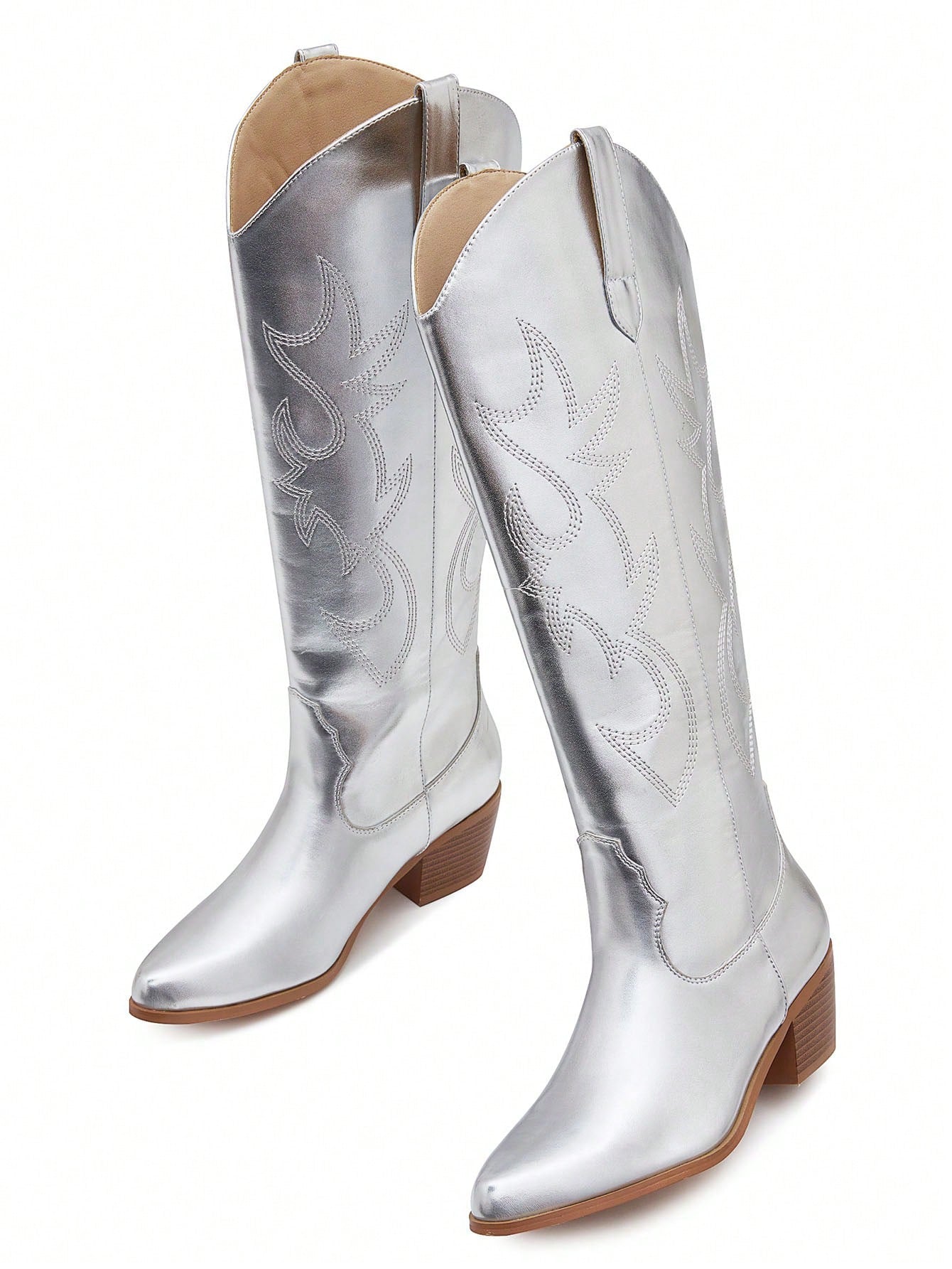 Cowboy Boots For Women Knee High Embroidered Pull-On Chunky Stacked Heel Cowgirl Knee High Western Boots