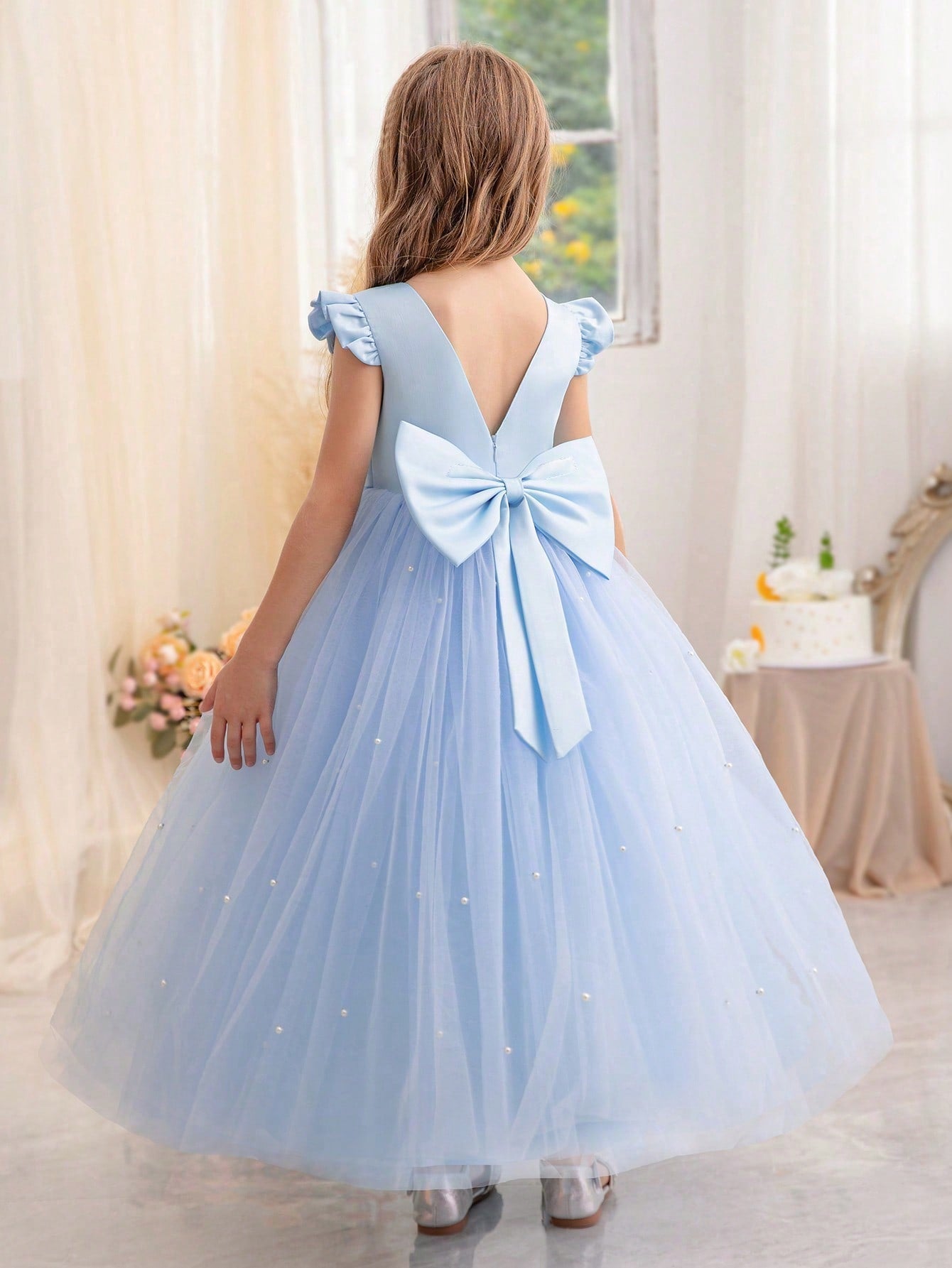 Tween Girl Ruffle Trimmed Bowknot Party Tulle Princess Dress Suitable For Birthday, Dancing Party, Flower Girl Wedding, School Performance, Casual Wear