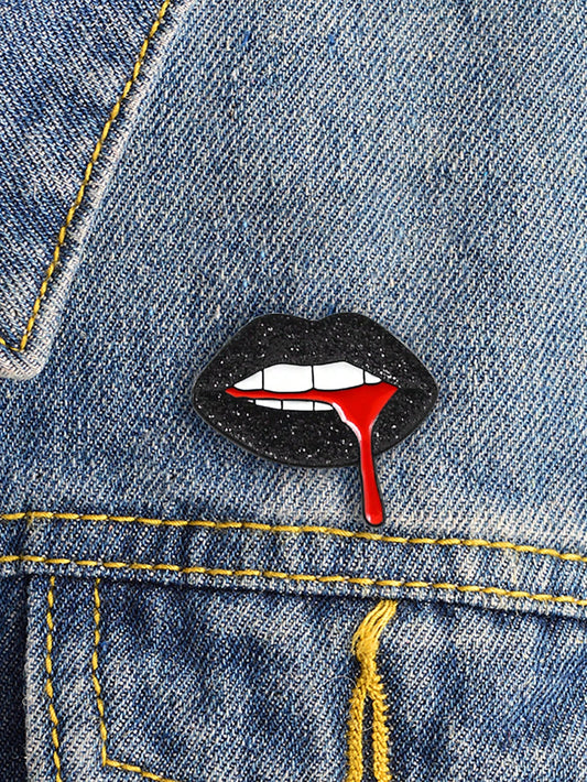 1pc  & Fashionable Black Glass Lip Shaped Brooch, Novelty Personality Badge