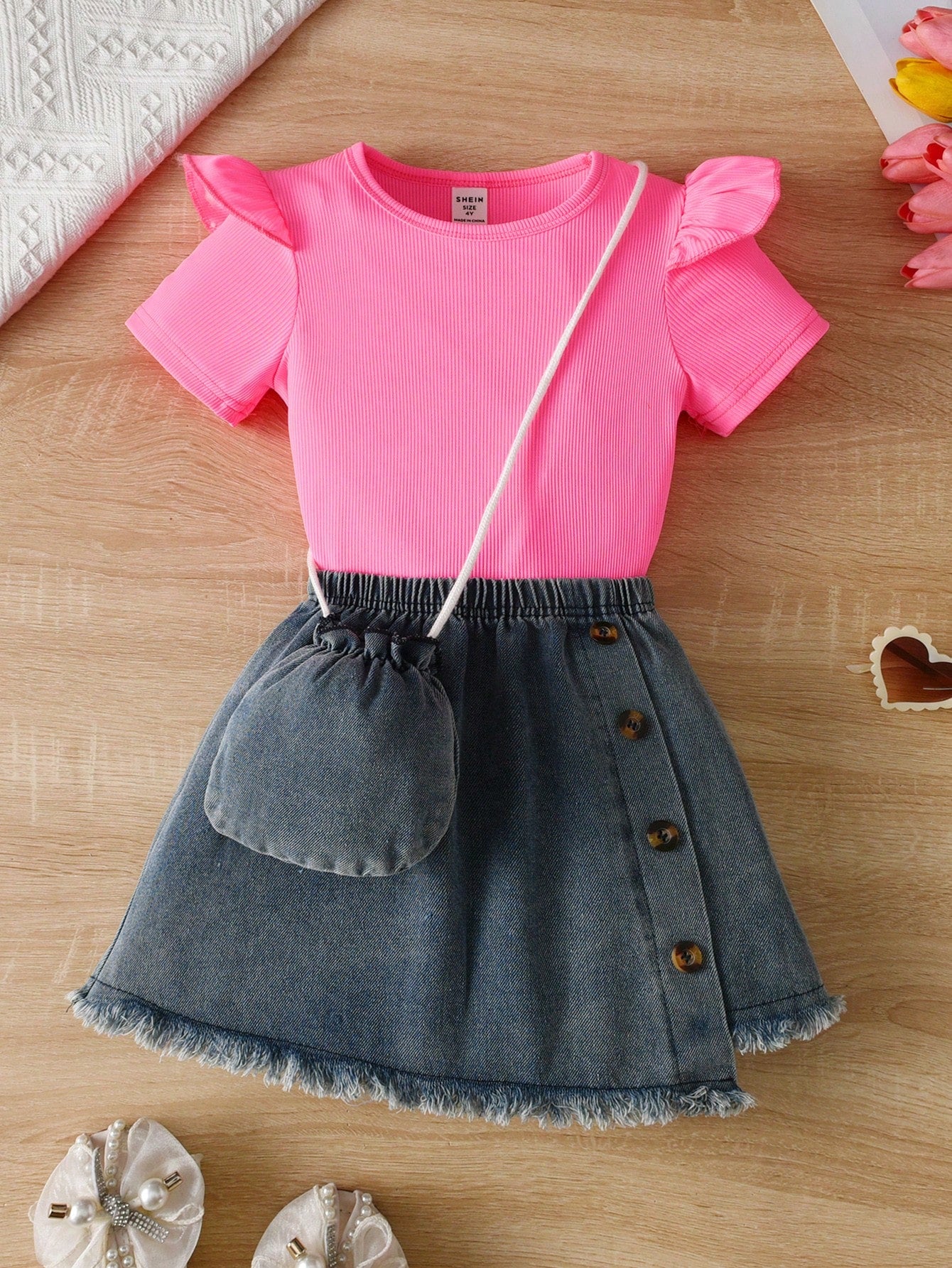 Young Girl Casual Round Neck Short Sleeve Solid T-Shirt And Elastic Waist Frilled A-Line Skirt Two-Piece Set With Crossbody Bag For Summer