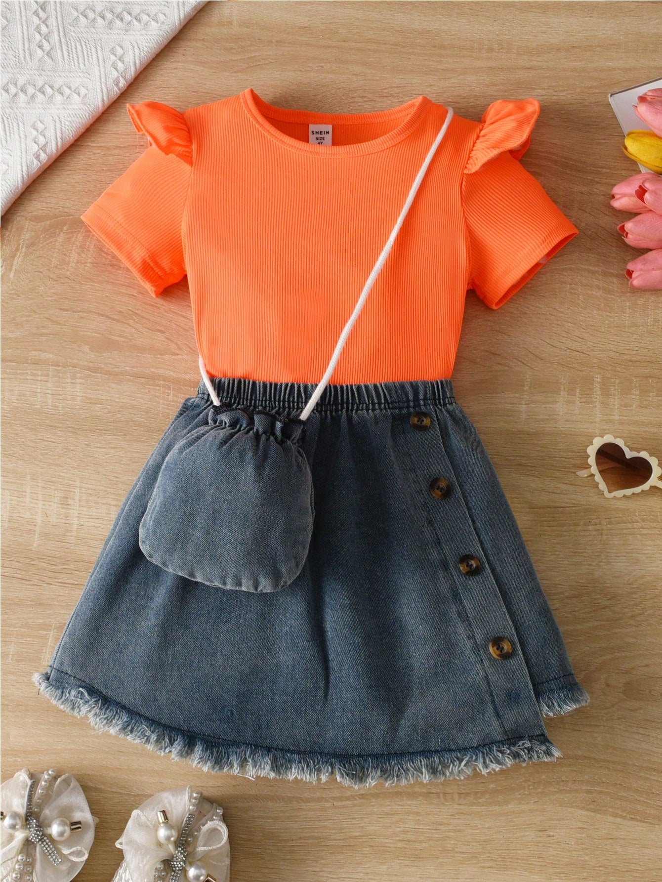 Young Girl Casual Round Neck Short Sleeve Solid T-Shirt And Elastic Waist Frilled A-Line Skirt Two-Piece Set With Crossbody Bag For Summer