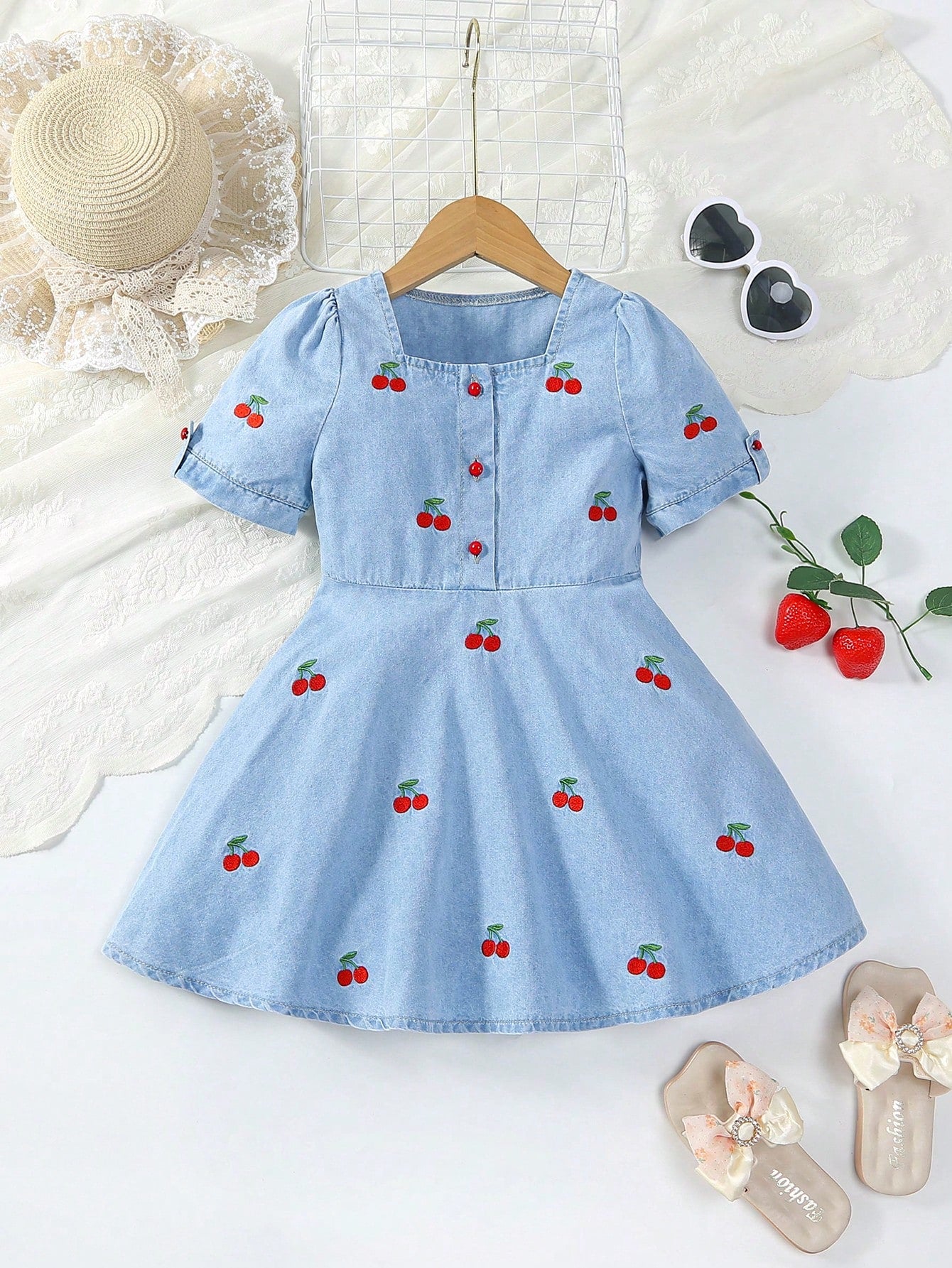 Girls' Sweet And Cute Cherry Embroidery Conservative Loose Comfortable Soft Square Neck Bubble Short Sleeve Light Wash Denim Dress