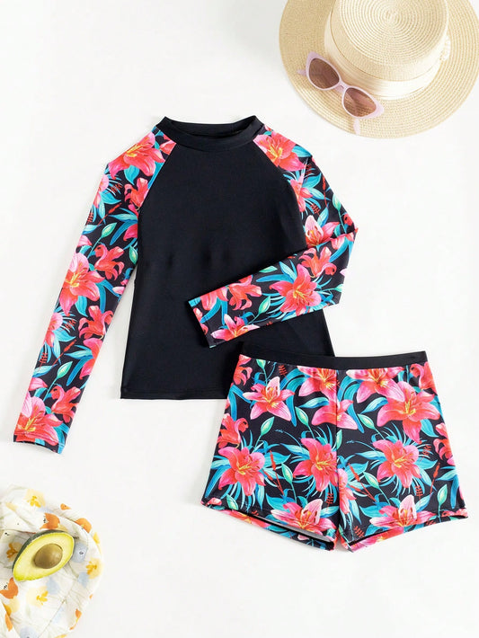 Tween Girl Tropical Plant Print Raglan Sleeve Long Sleeve Bikini