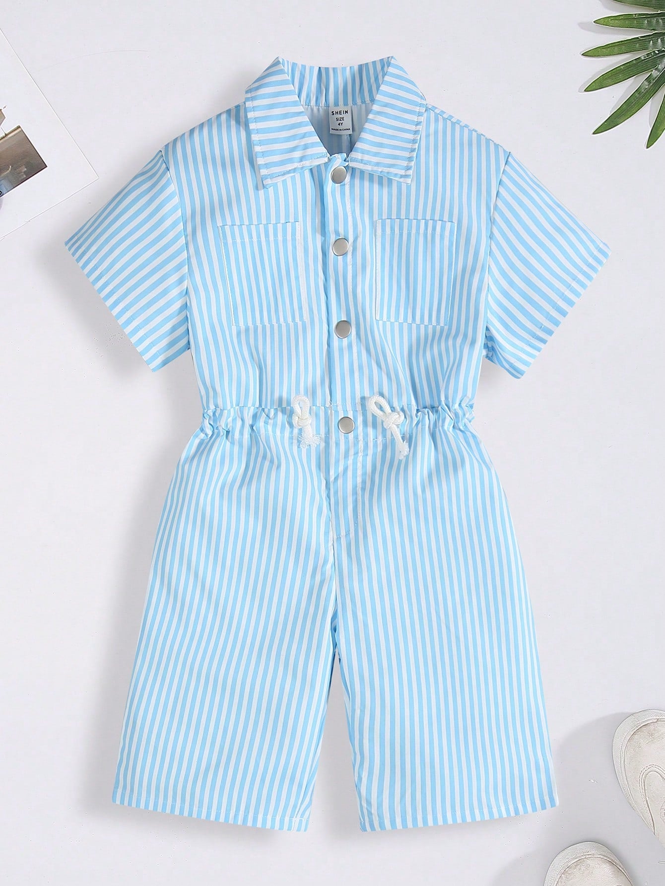 Young Boy Casual Loose Striped Short Sleeve Collared Romper