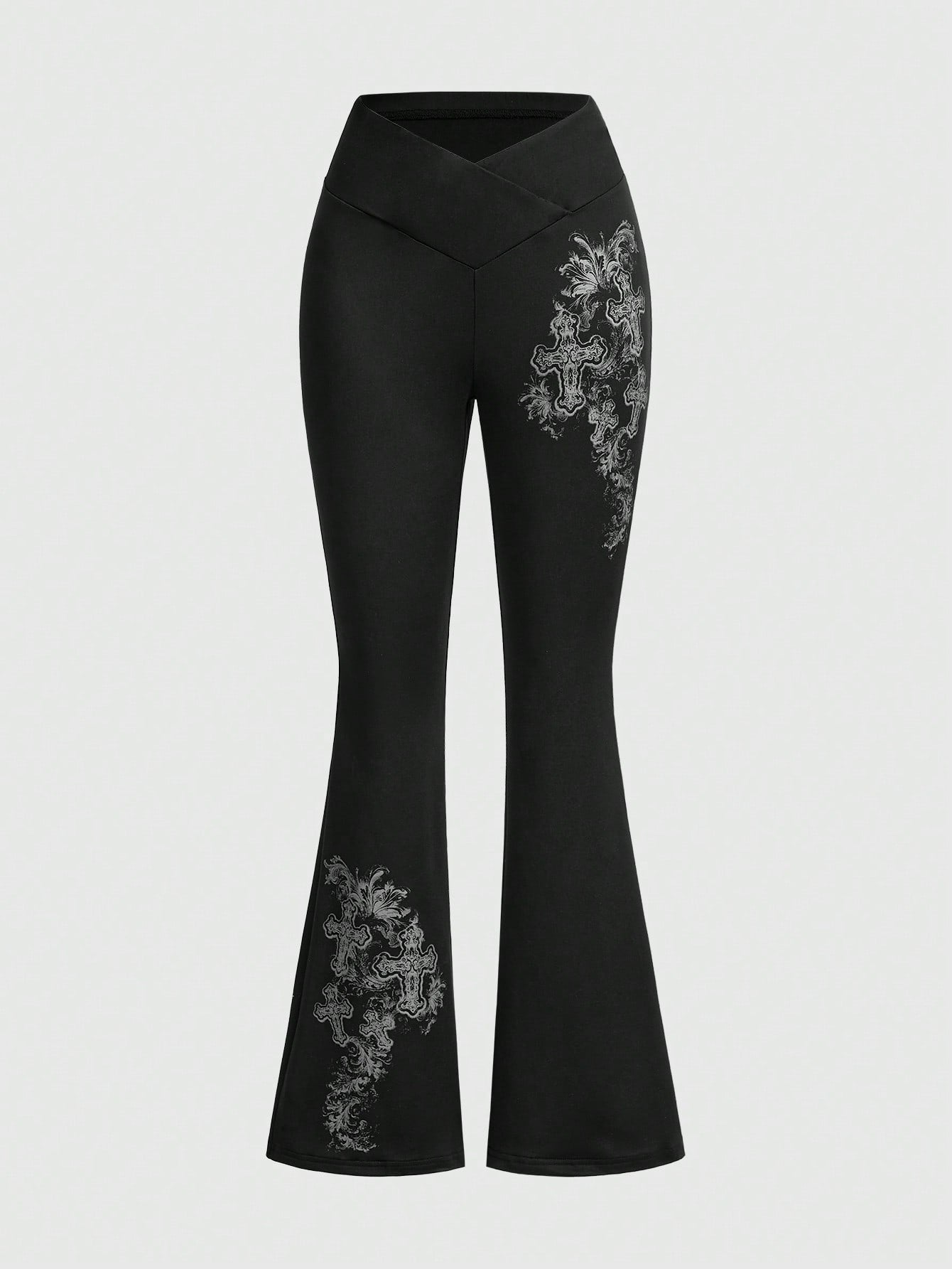 Goth High Waisted Vine & Cross Print Flared Leggings