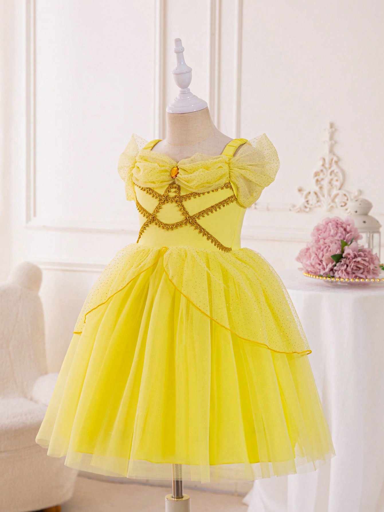 Blossomsprite Kids Young Girl Shiny Tulle Princess Dress With Ribbon Patchwork For Birthday Party, Wedding, Festival And Performance