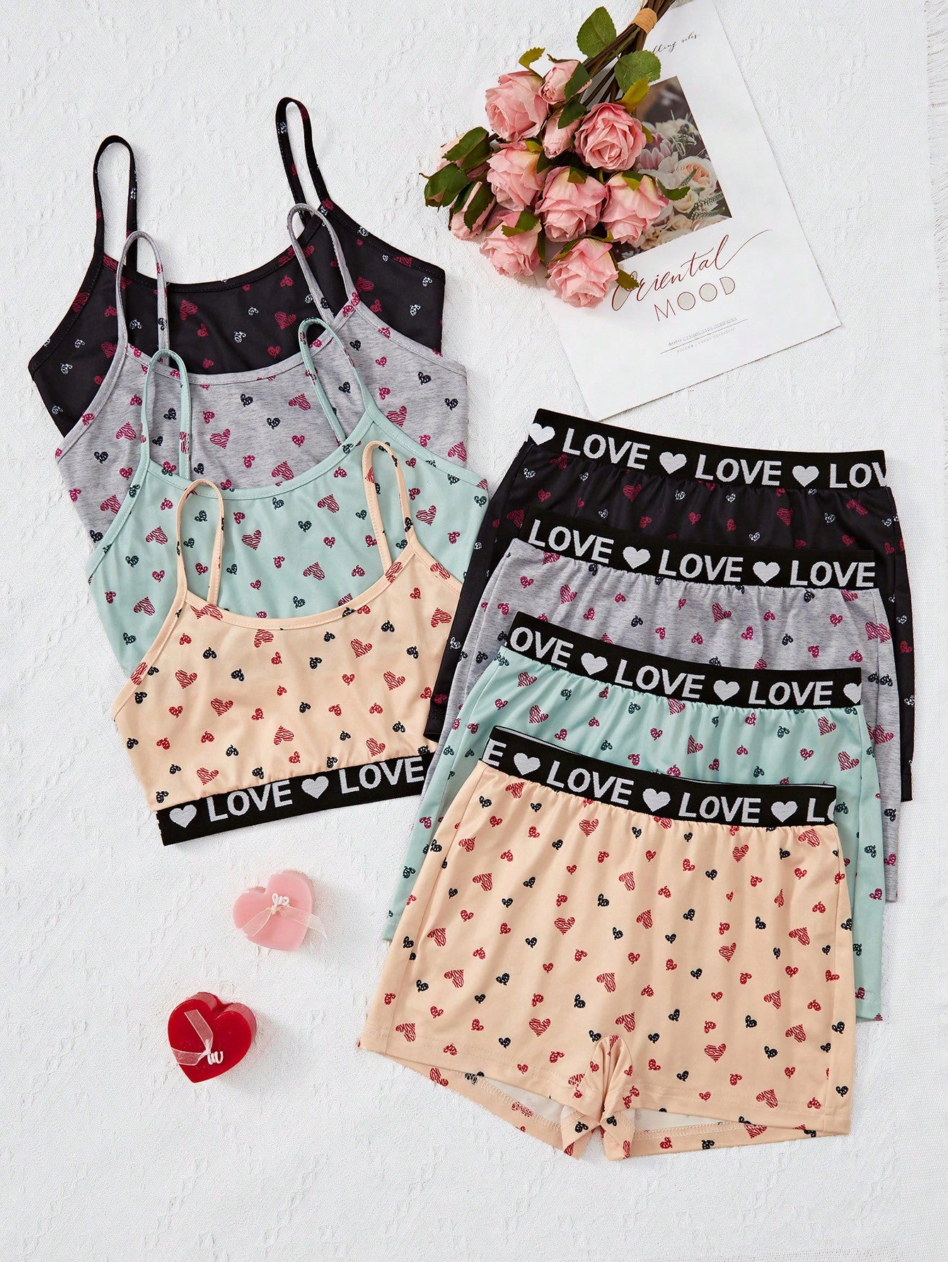 Set Of 8 Heart Print Elastic Waist Underwear For Tween Girls