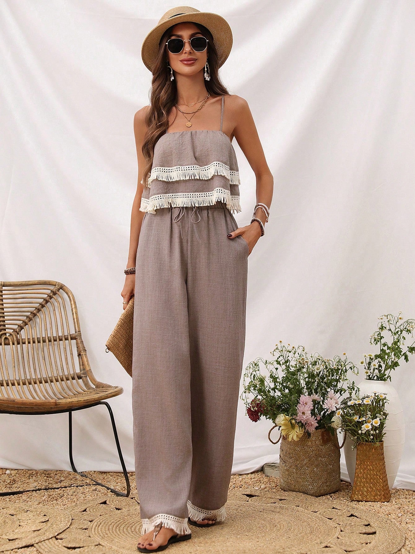 Women's Splice Fringe Strap Tank Top And Pants Two Piece Set
