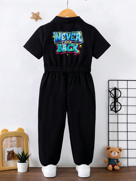 Young Boys' Trendy Street Style English Letter Printed Jumpsuit