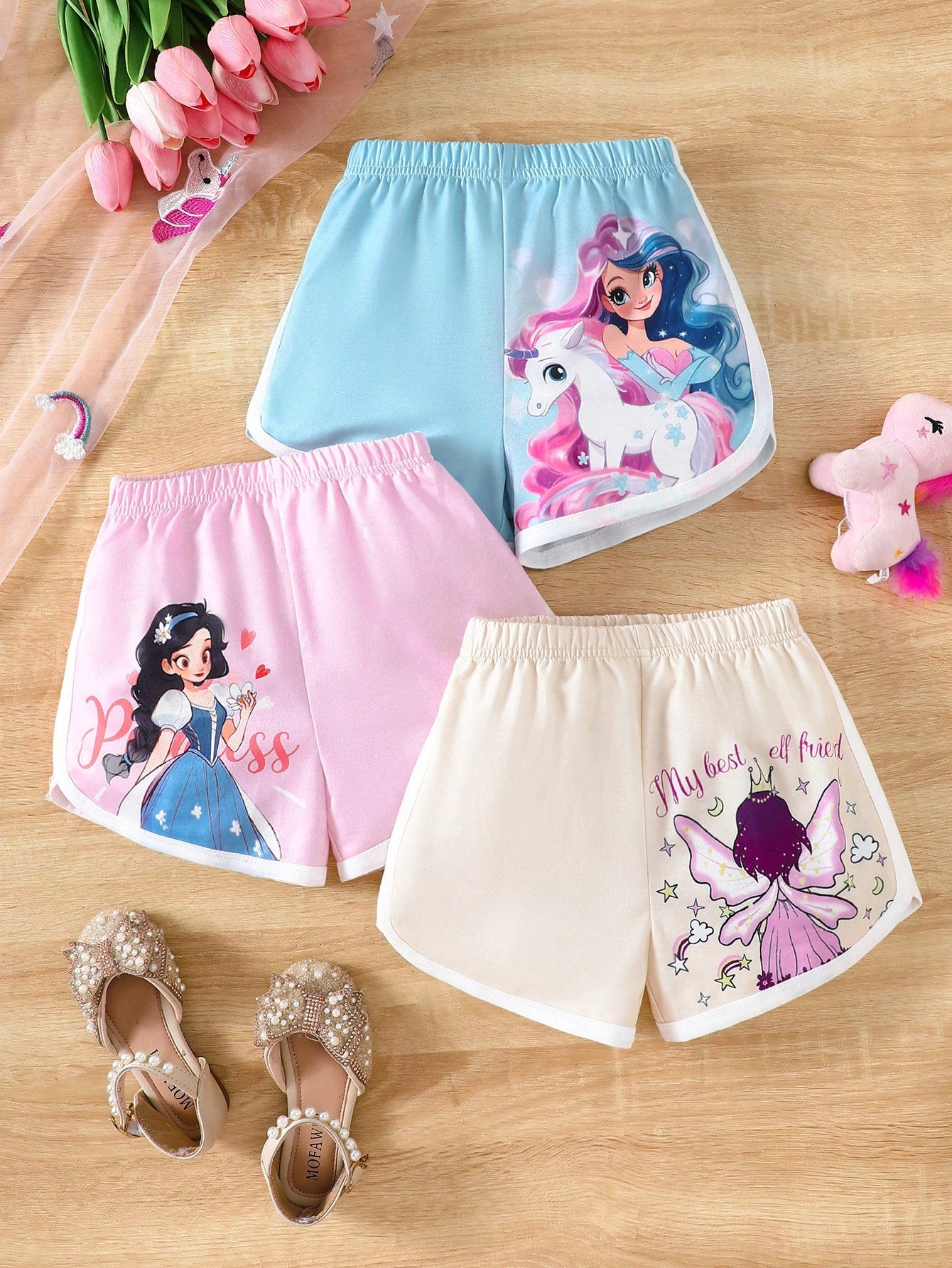 3pcs Young Girls' Cartoon Characters Pattern Curved Hem Shorts Set