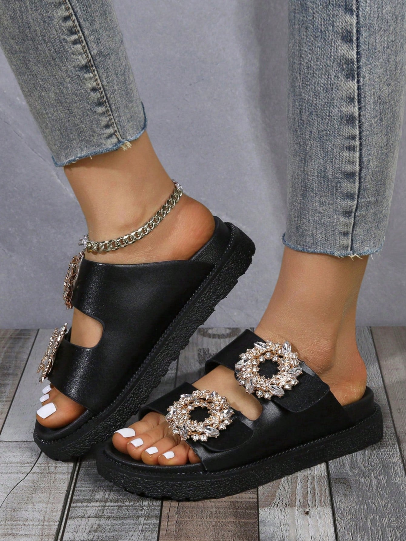 Women's Comfortable Fashionable Round Toe Black Sandals With Double Buckle, Double Layered Thick Platform And Wedge Heel, Open Toe