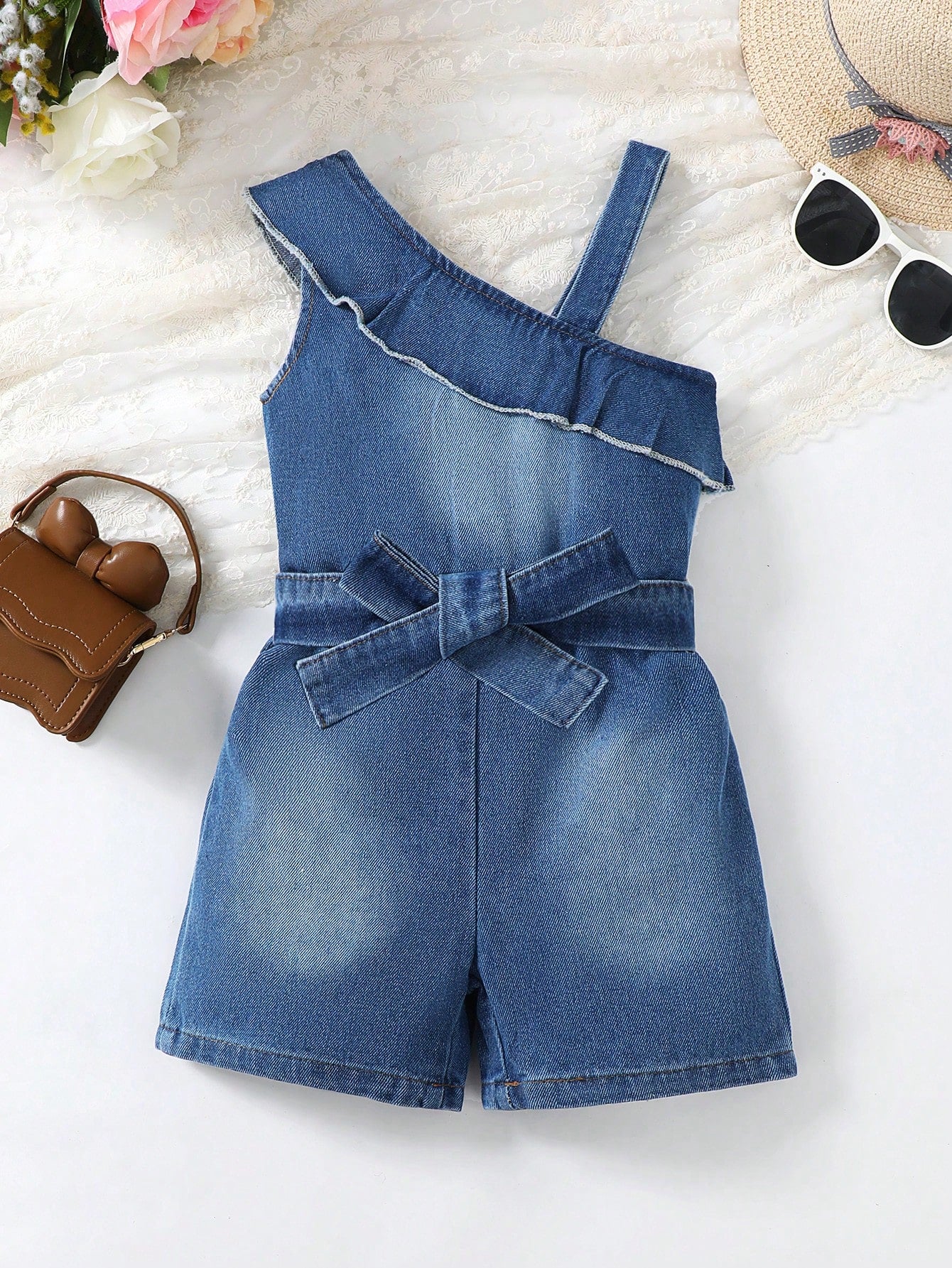 Young Girl's Fashionable Lace Trim Asymmetrical Collar Denim Romper