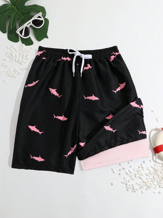 Teen Boy Vacation Style Shark Print Beach Shorts & Daddy And Me Matching Outfits (2 Pieces Sold Separately)