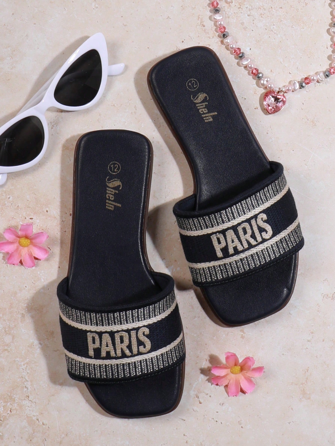 Mini mi Embroidered Paris Sandals, Paris Slides-Comfortable, Qute, Timeless Elegance