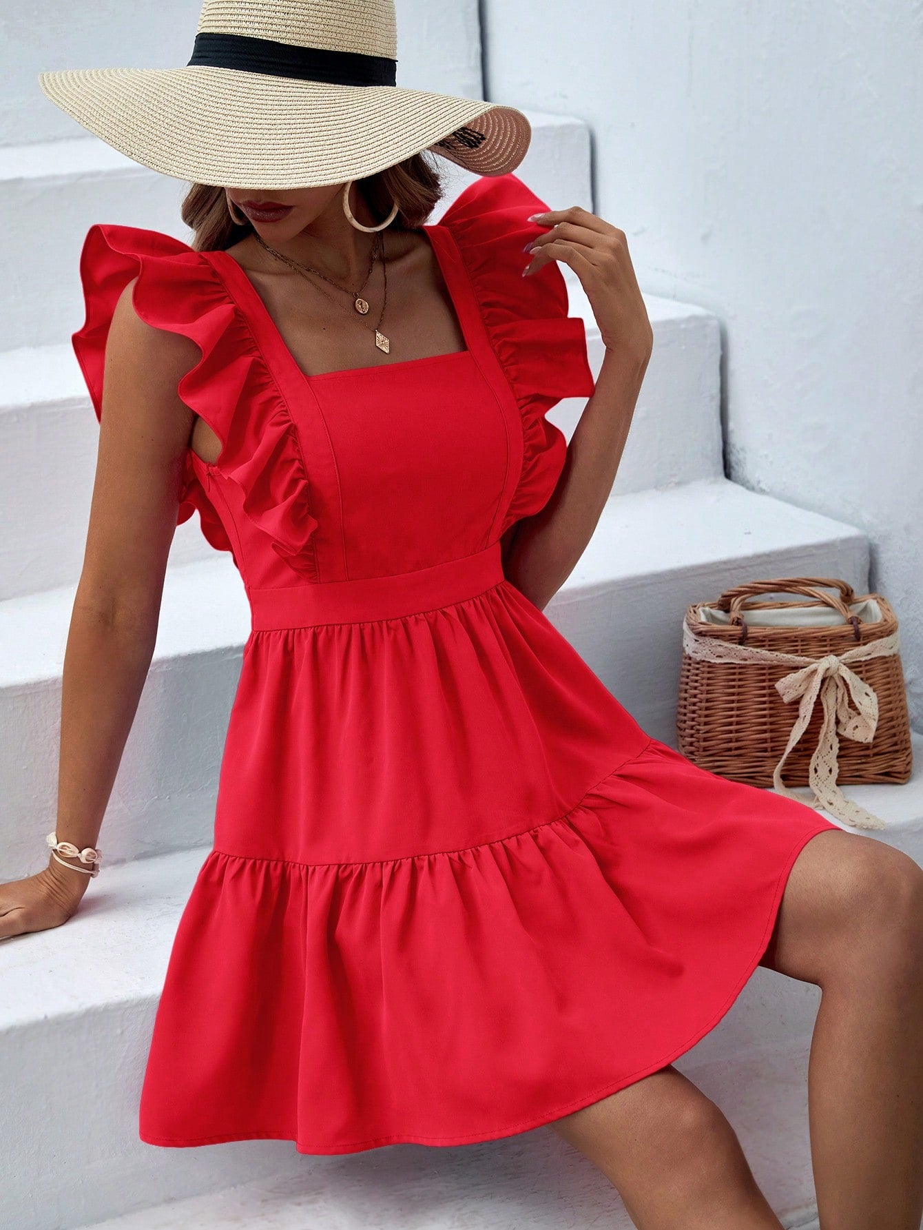 Vacation Woven Print Square Neck Short Sleeve Dress For Women