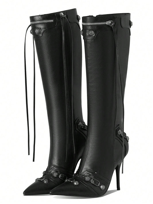 Knee High Boots For Women Stiletto Heel Studded Boots Pointed Toe Rivets Tassel Boot Sexy High Heel Punk Boots Zipper