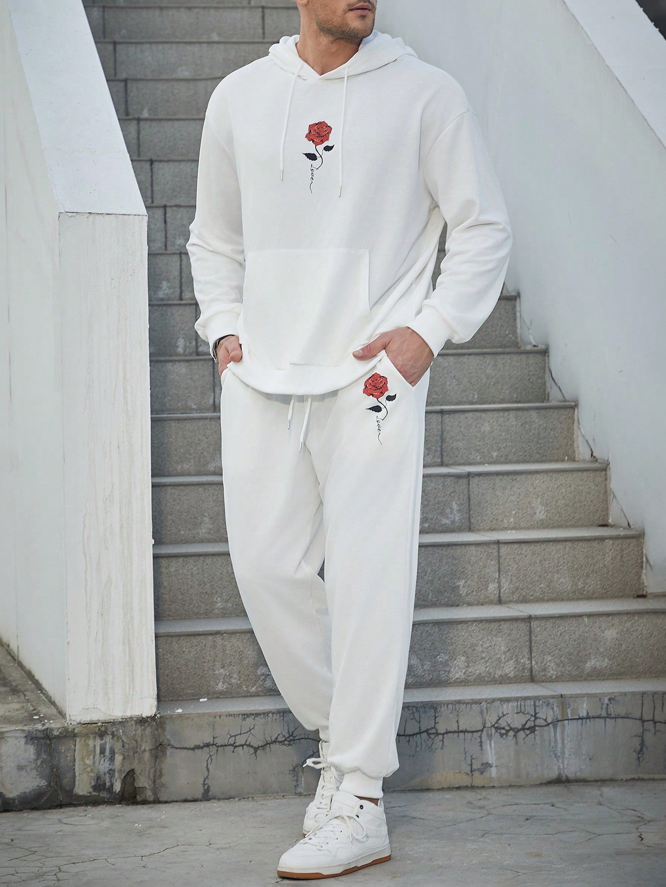 Men's Plus Size Rose Printed Hoodie And Pants Set