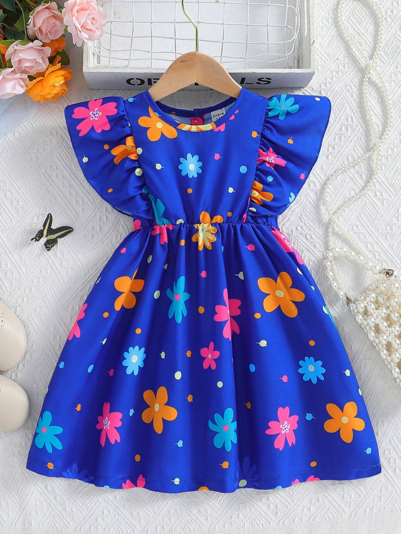 Young Girls' Floral Printed Dress With Ruffle Hem