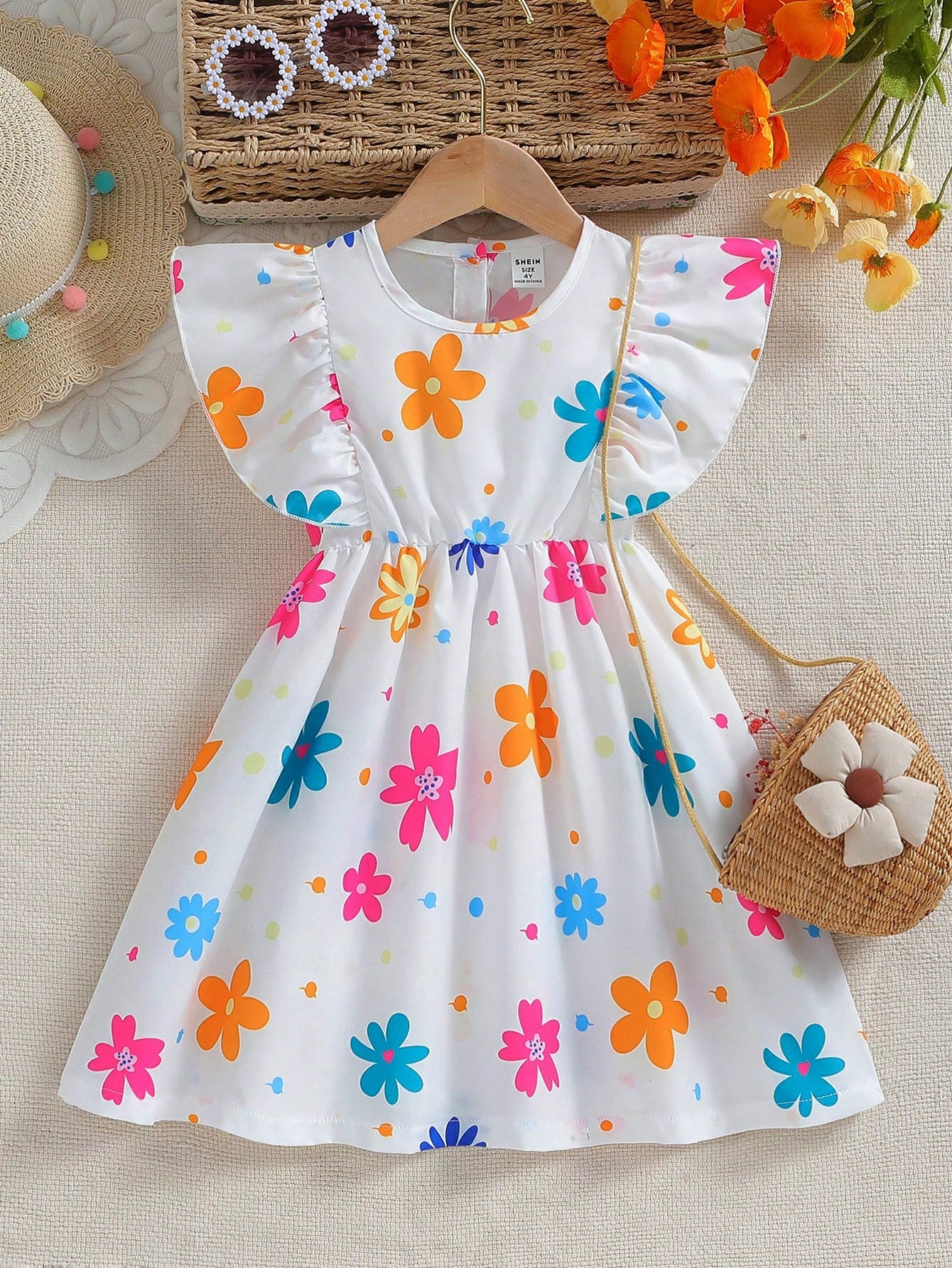 Young Girls' Floral Printed Dress With Ruffle Hem