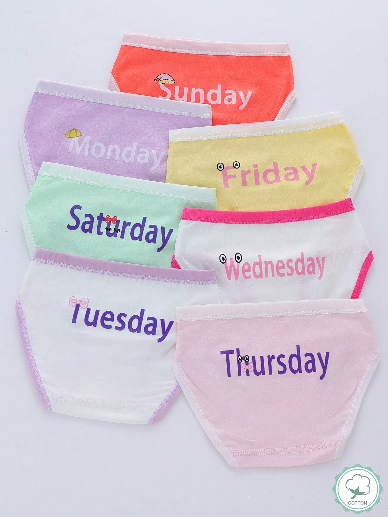 Young Girls' Underwear 7pcs/Set, Cute And Fun Print With Colorful Waistband, Monday To Sunday Triangle Panties