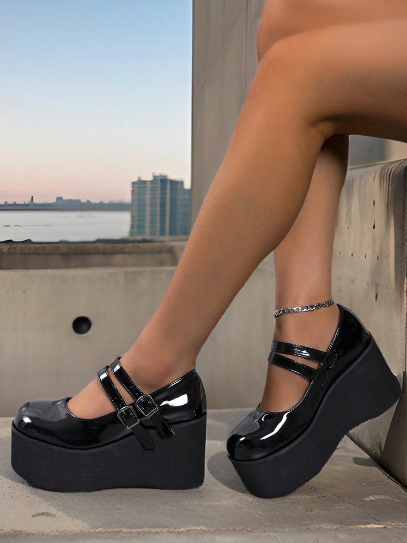 Y2k Punk Style Black High Heels Mary Jane Platform Shoes For Women, With Wedge Heels And Thick Soles, Suitable For Schoolgirls And Gothic Dolls