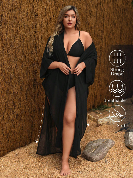 Summer Beach Plus Size Women's Long Kimono Dress With Split Hem Design