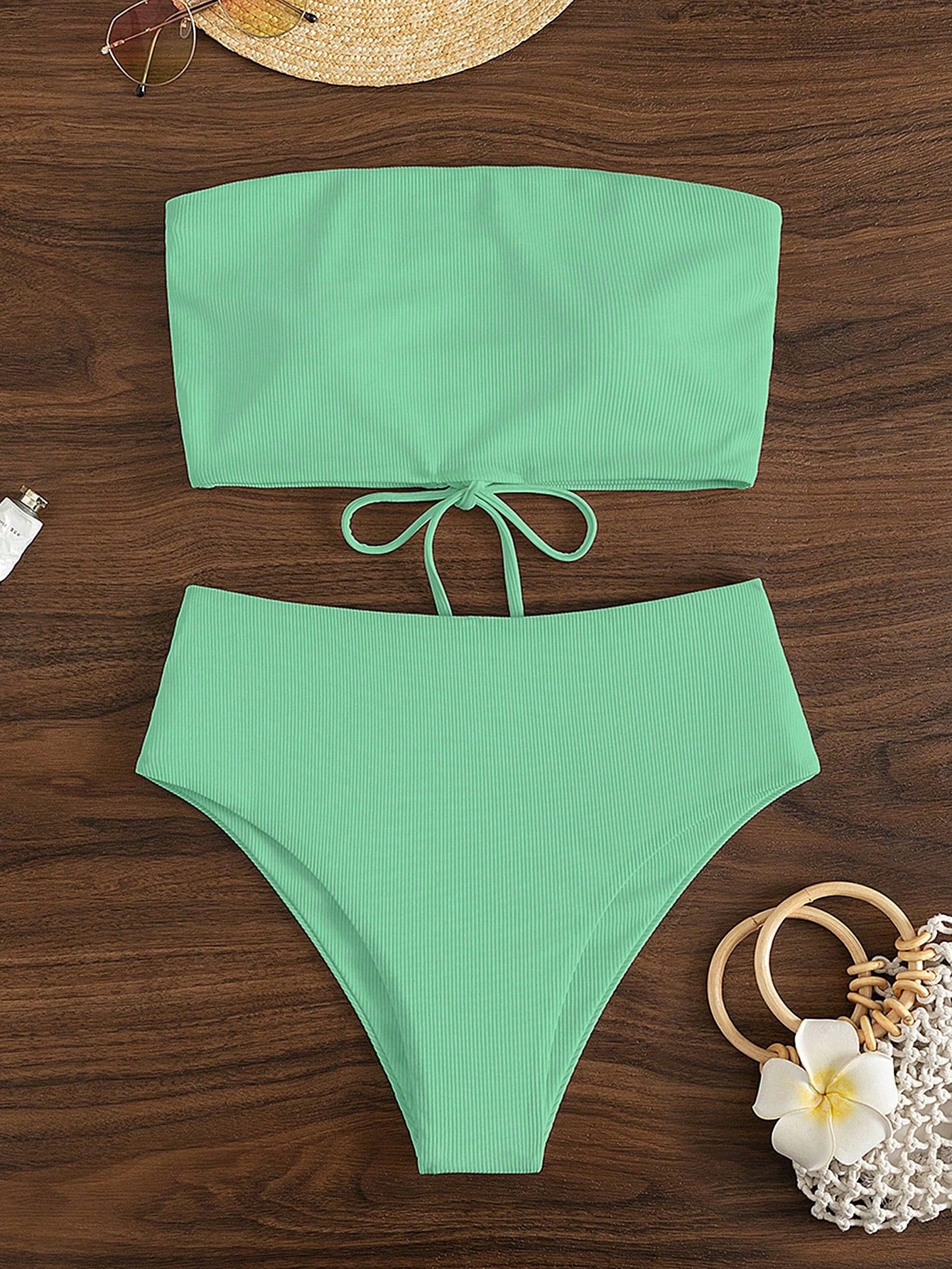 Swim Summer Beach Rib-Knit Bikini Set Lace Up Bandeau Bra Top & High Waist Bikini Bottom 2 Pieces Bikini