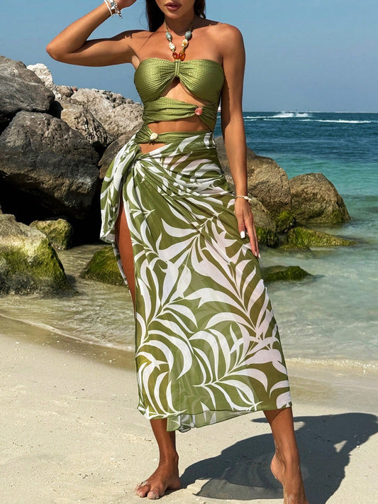 Women's Bohemian Plant Printed Sheer Maxi Skirt Bikini Beach Set