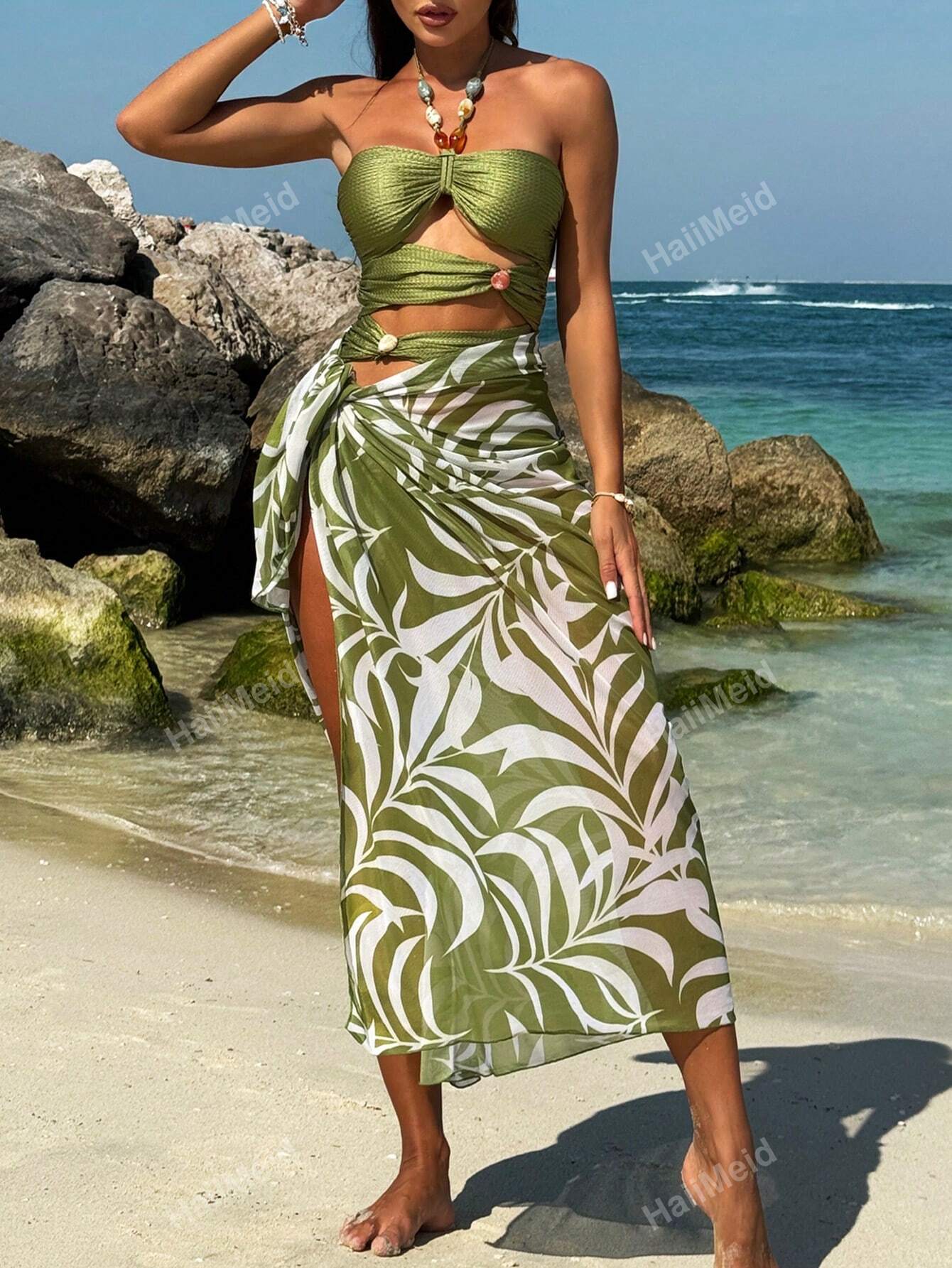 Women's Bohemian Plant Printed Sheer Maxi Skirt Bikini Beach Set