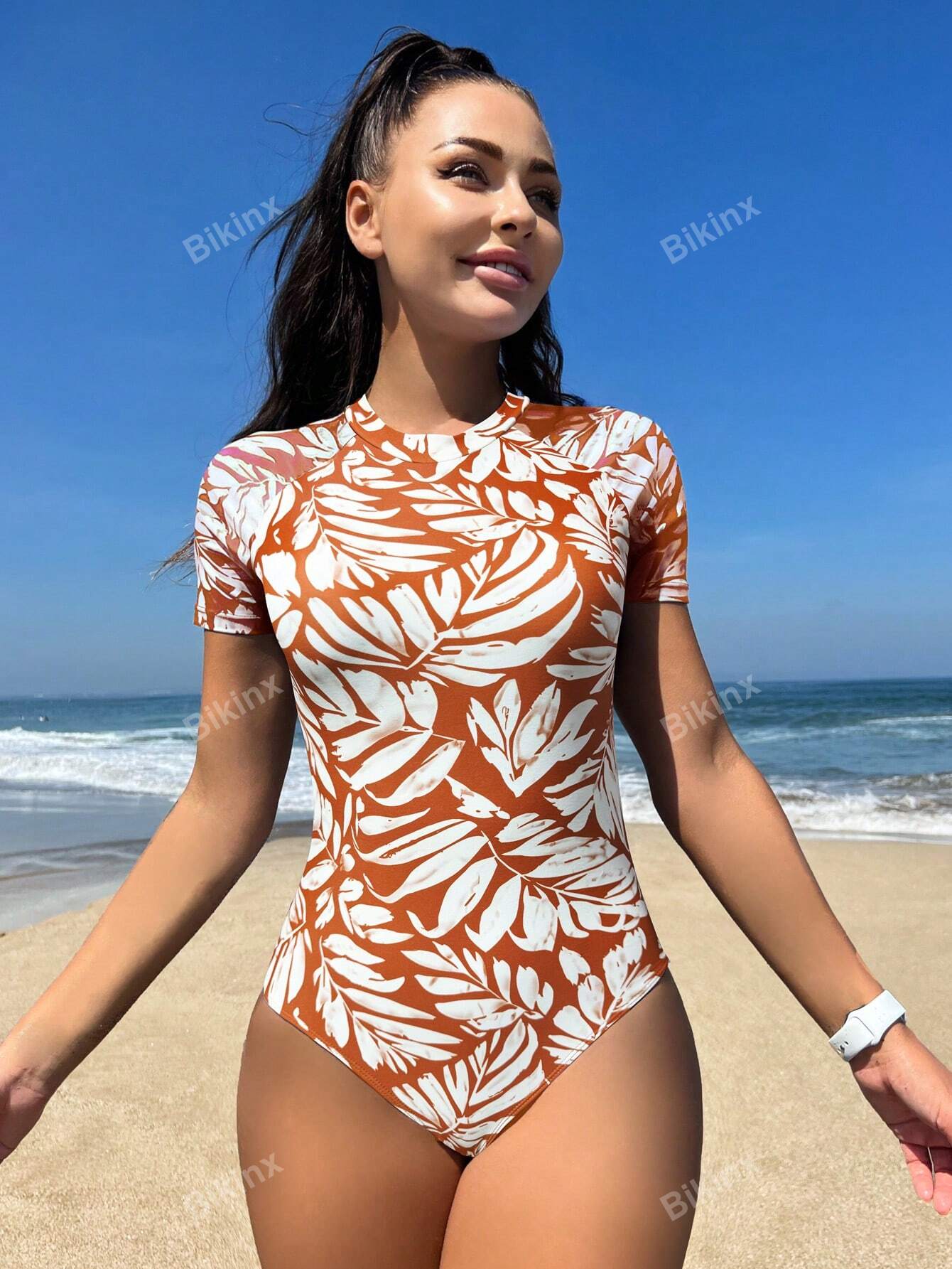 Bikinx Color Block Tree Leaf Print Backless Zippered Surfing Suit