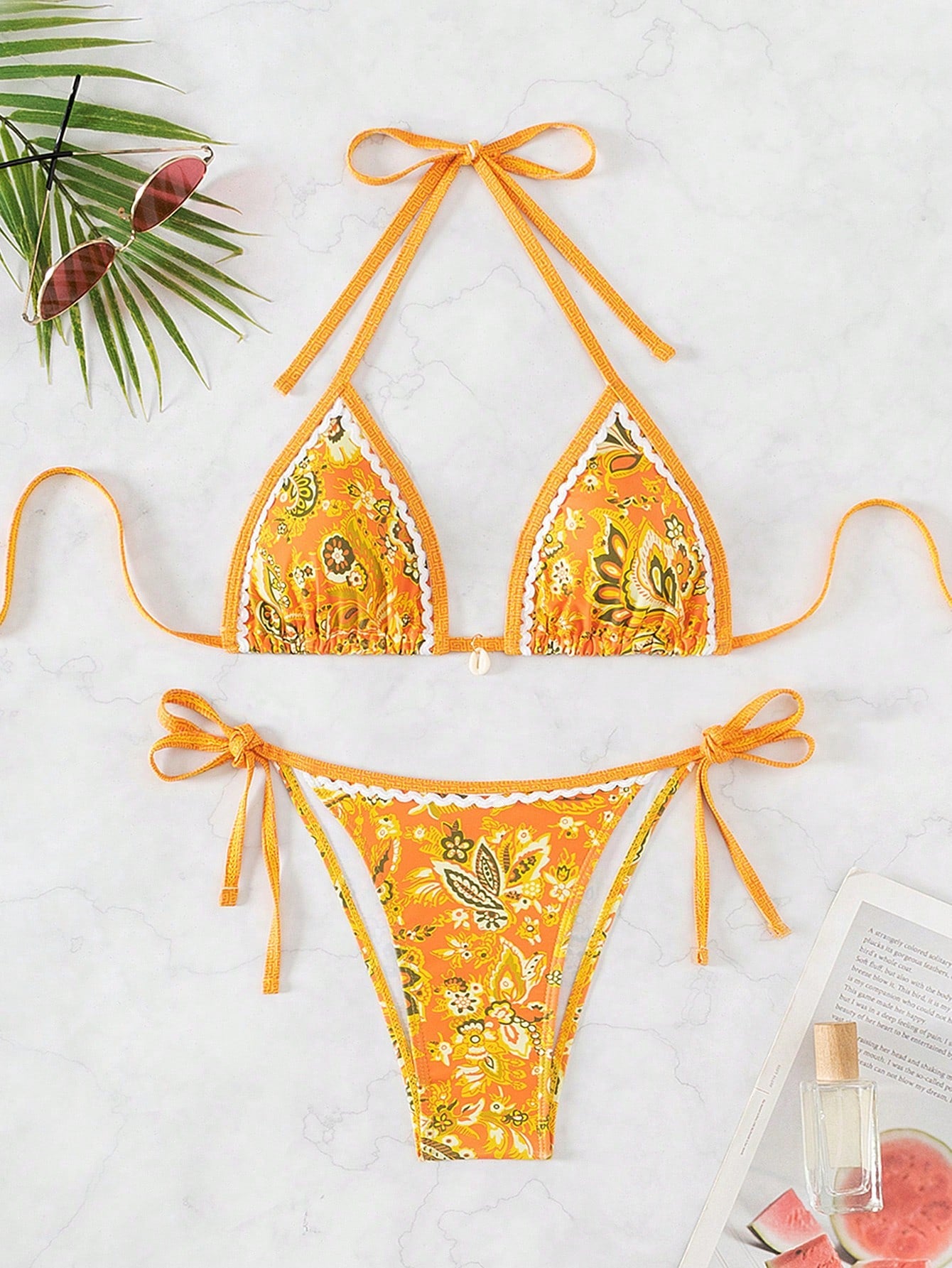 Swim Women Summer Beach Floral Print Halter Neck Bikini Set