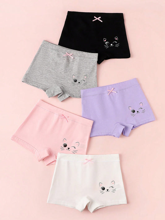 5pcs Cute Cartoon Cat Expression Printed Multicolored Macaron Color Panties For Young Girls, All Seasons