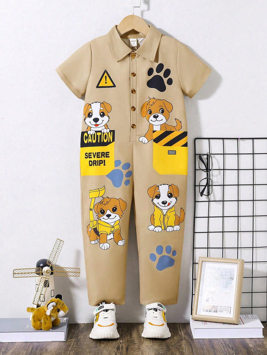 Young Boy Cute Dog Print Jumpsuit